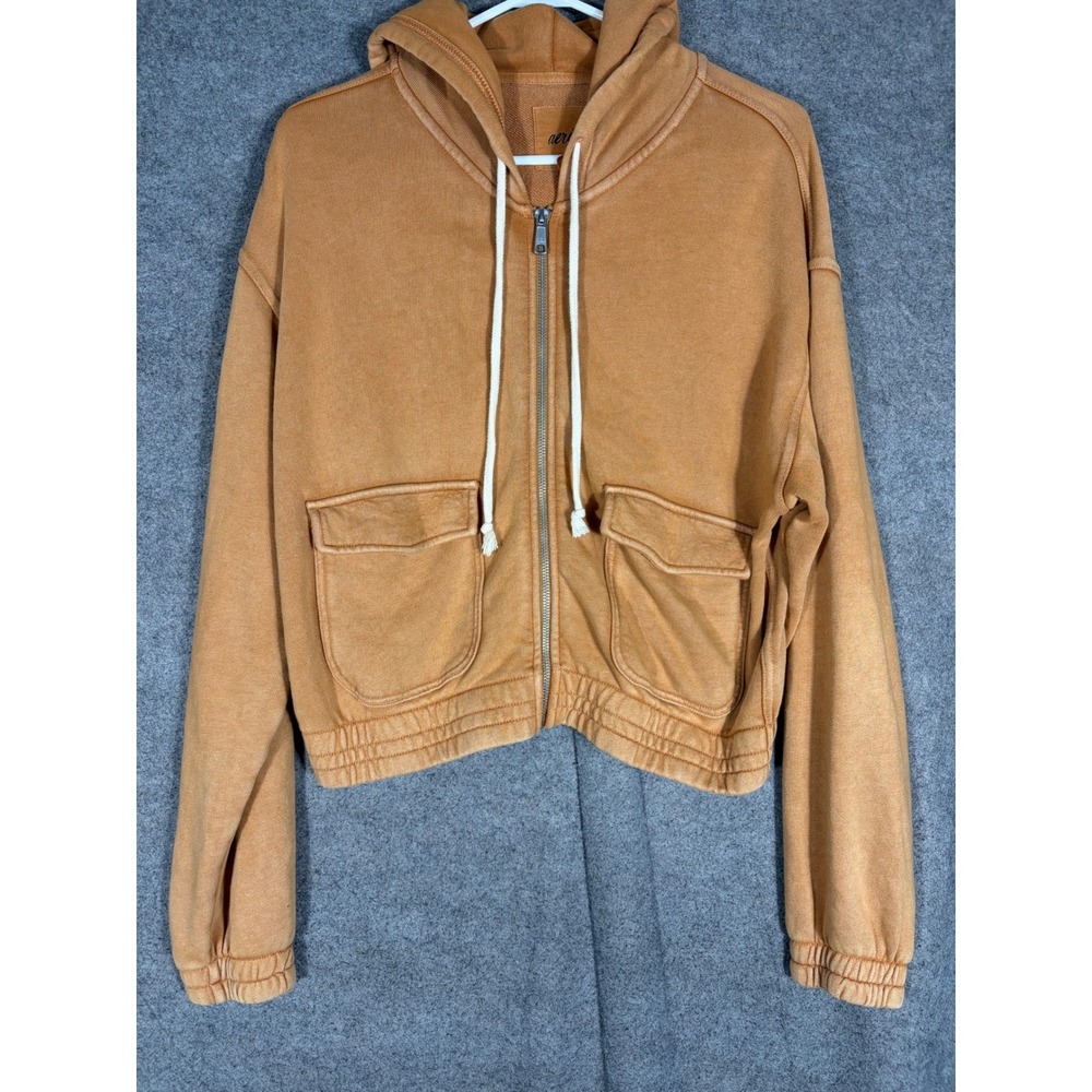 Aerie Womens Cropped Full Zip Hoodie Orange Cargo Pocket Sweatshirt Small